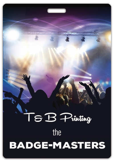 An example badge with an image of concert attendees, a stage with lights, and the word 
                        T and B Printing the BADGEMASTERS on it.